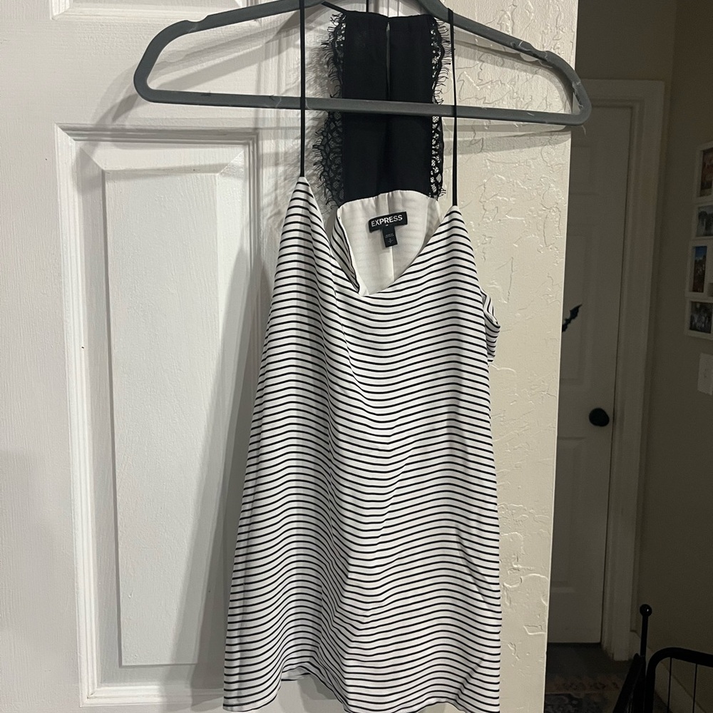 Express Black and White Striped Lace Back Tank Top